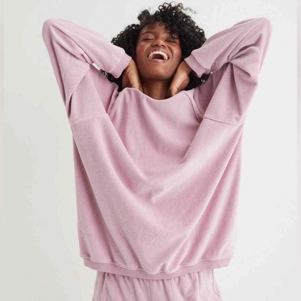 Aerie Real Obsessed Velour Crew Neck Sweatshirt Garden Party Pink Oversized